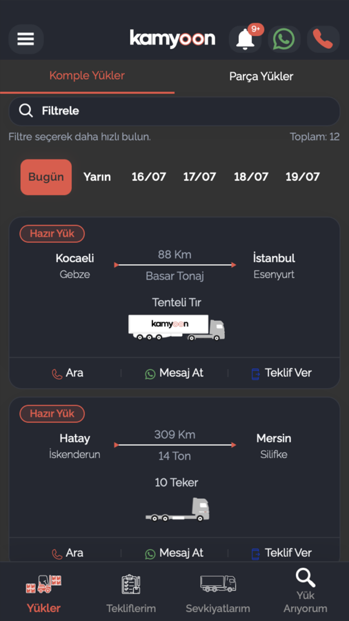 Yük Pazarı için Kamyoon mobil uygulaması ekran görüntüsü